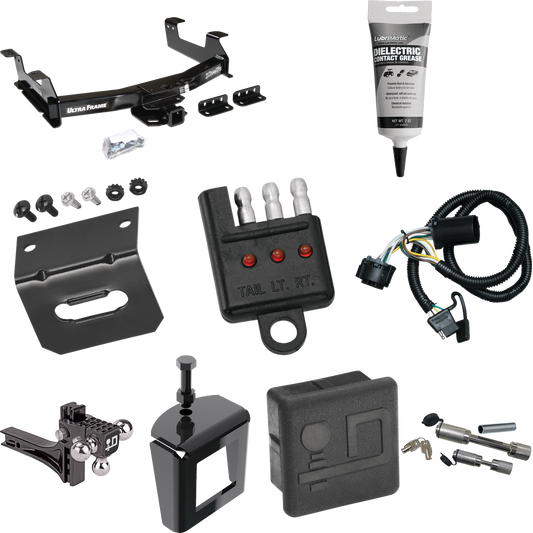 Fits 2011-2014 GMC Sierra 3500 HD Trailer Hitch Tow PKG w/ 4-Flat Wiring Harness + Adjustable Drop Rise Triple Ball Ball Mount 1-7/8" & 2" & 2-5/16" Trailer Balls + Dual Hitch & Coupler Locks + Hitch Cover + Wiring Bracket + Wiring Tester + Electric