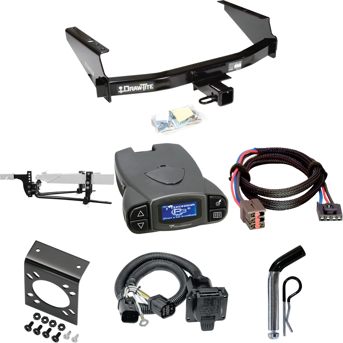 Fits 1997-1999 Ford F-250 Trailer Hitch Tow PKG w/ 8K Round Bar Weight Distribution Hitch w/ 2-5/16" Ball + Pin/Clip + Tekonsha Prodigy P3 Brake Control + Plug & Play BC Adapter + 7-Way RV Wiring (For Styleside Models) By Draw-Tite