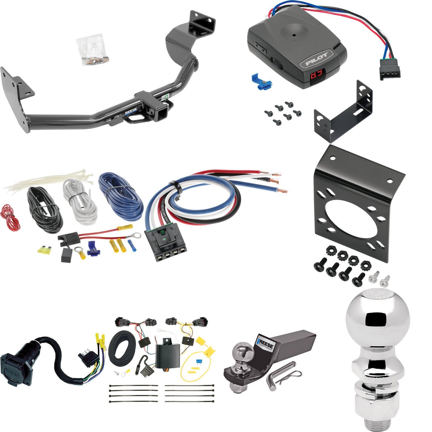 Fits 2014-2015 KIA Sorento Trailer Hitch Tow PKG w/ Pro Series Pilot Brake Control + Generic BC Wiring Adapter + 7-Way RV Wiring + 2" & 2-5/16" Ball & Drop Mount (For w/I4 Engine Models) By Reese Towpower