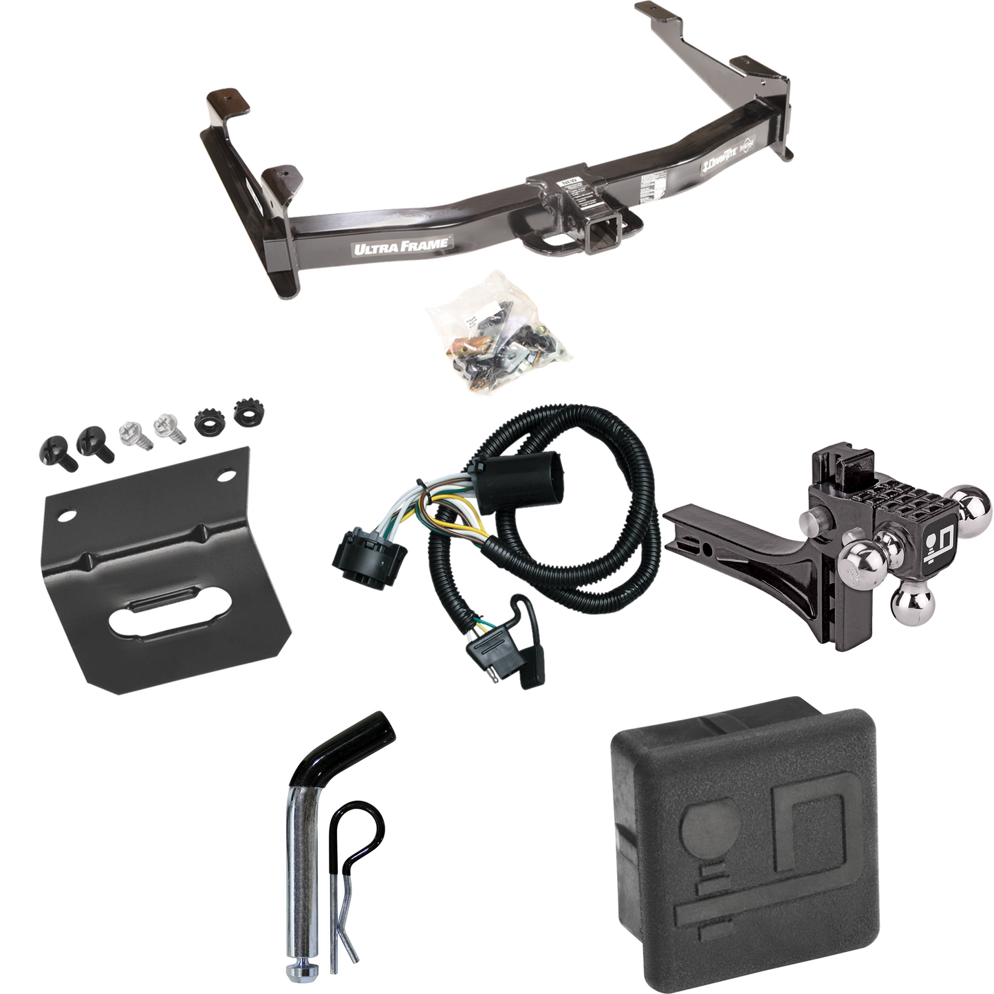 Fits 2007-2010 Chevrolet Silverado 3500 HD Trailer Hitch Tow PKG w/ 4-Flat Wiring Harness + Adjustable Drop Rise Triple Ball Ball Mount 1-7/8" & 2" & 2-5/16" Trailer Balls + Pin/Clip + Hitch Cover + Wiring Bracket By Draw-Tite