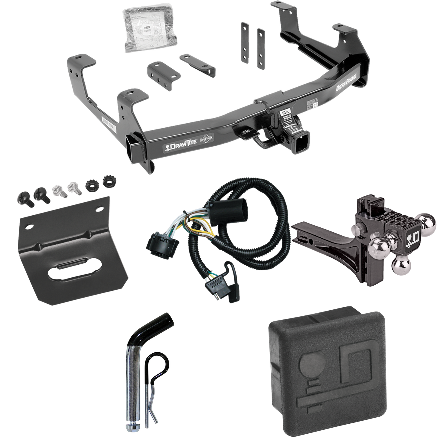 Fits 2015-2019 Chevrolet Silverado 3500 HD Trailer Hitch Tow PKG w/ 4-Flat Wiring Harness + Adjustable Drop Rise Triple Ball Ball Mount 1-7/8" & 2" & 2-5/16" Trailer Balls + Pin/Clip + Hitch Cover + Wiring Bracket By Draw-Tite