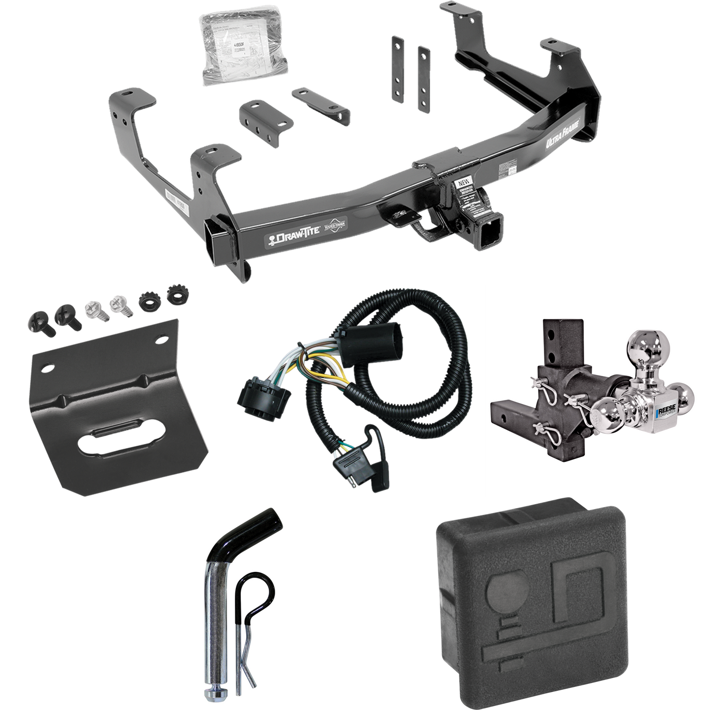 Fits 2015-2019 GMC Sierra 3500 HD Trailer Hitch Tow PKG w/ 4-Flat Wiring Harness + Adjustable Drop Rise Triple Ball Ball Mount 1-7/8" & 2" & 2-5/16" Trailer Balls + Pin/Clip + Hitch Cover + Wiring Bracket By Draw-Tite