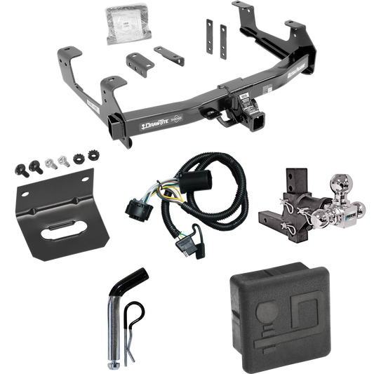 Fits 2015-2019 GMC Sierra 3500 HD Trailer Hitch Tow PKG w/ 4-Flat Wiring Harness + Adjustable Drop Rise Triple Ball Ball Mount 1-7/8" & 2" & 2-5/16" Trailer Balls + Pin/Clip + Hitch Cover + Wiring Bracket By Draw-Tite