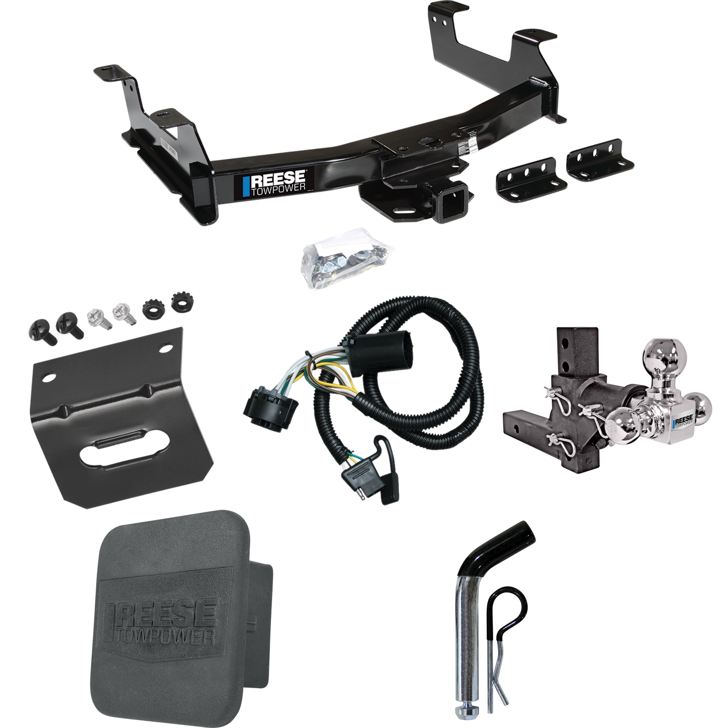 Fits 2011-2014 GMC Sierra 2500 HD Trailer Hitch Tow PKG w/ 4-Flat Wiring Harness + Adjustable Drop Rise Triple Ball Ball Mount 1-7/8" & 2" & 2-5/16" Trailer Balls + Pin/Clip + Hitch Cover + Wiring Bracket By Reese Towpower