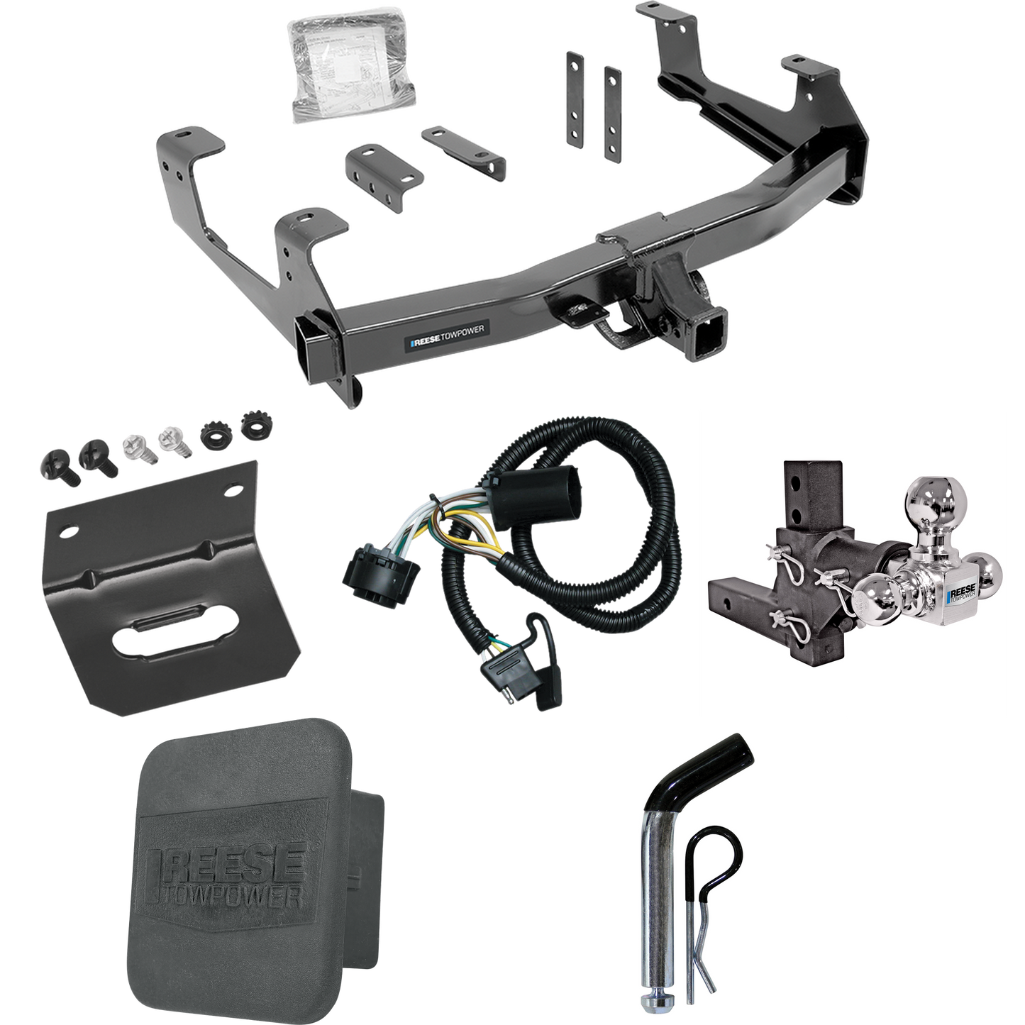 Fits 2015-2019 Chevrolet Silverado 3500 HD Trailer Hitch Tow PKG w/ 4-Flat Wiring Harness + Adjustable Drop Rise Triple Ball Ball Mount 1-7/8" & 2" & 2-5/16" Trailer Balls + Pin/Clip + Hitch Cover + Wiring Bracket By Reese Towpower