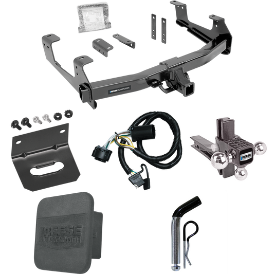 Fits 2015-2019 Chevrolet Silverado 3500 HD Trailer Hitch Tow PKG w/ 4-Flat Wiring Harness + Adjustable Drop Rise Triple Ball Ball Mount 1-7/8" & 2" & 2-5/16" Trailer Balls + Pin/Clip + Hitch Cover + Wiring Bracket By Reese Towpower