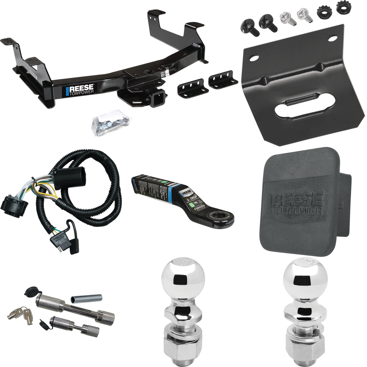 Fits 2011-2014 GMC Sierra 3500 HD Trailer Hitch Tow PKG w/ 4-Flat Wiring Harness + Ball Mount w/ 2" Drop + Dual Hitch & Coupler Locks + 2" Ball + 2-5/16" Ball + Hitch Cover + Wiring Bracket By Reese Towpower