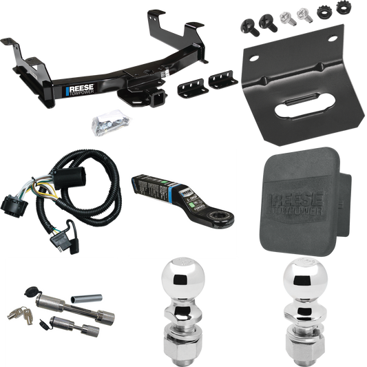 Fits 2011-2014 GMC Sierra 3500 HD Trailer Hitch Tow PKG w/ 4-Flat Wiring Harness + Ball Mount w/ 2" Drop + Dual Hitch & Coupler Locks + 2" Ball + 2-5/16" Ball + Hitch Cover + Wiring Bracket By Reese Towpower