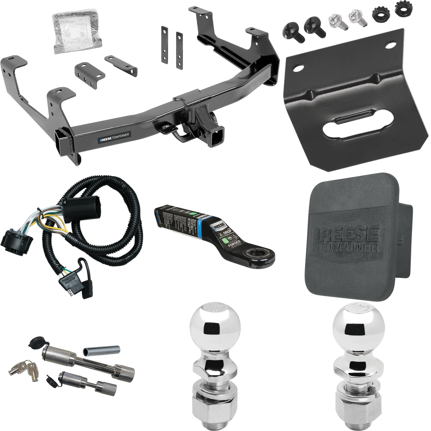 Fits 2015-2019 Chevrolet Silverado 3500 HD Trailer Hitch Tow PKG w/ 4-Flat Wiring Harness + Ball Mount w/ 2" Drop + Dual Hitch & Coupler Locks + 2" Ball + 2-5/16" Ball + Hitch Cover + Wiring Bracket By Reese Towpower