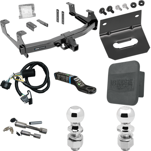 Fits 2015-2019 Chevrolet Silverado 3500 HD Trailer Hitch Tow PKG w/ 4-Flat Wiring Harness + Ball Mount w/ 2" Drop + Dual Hitch & Coupler Locks + 2" Ball + 2-5/16" Ball + Hitch Cover + Wiring Bracket By Reese Towpower