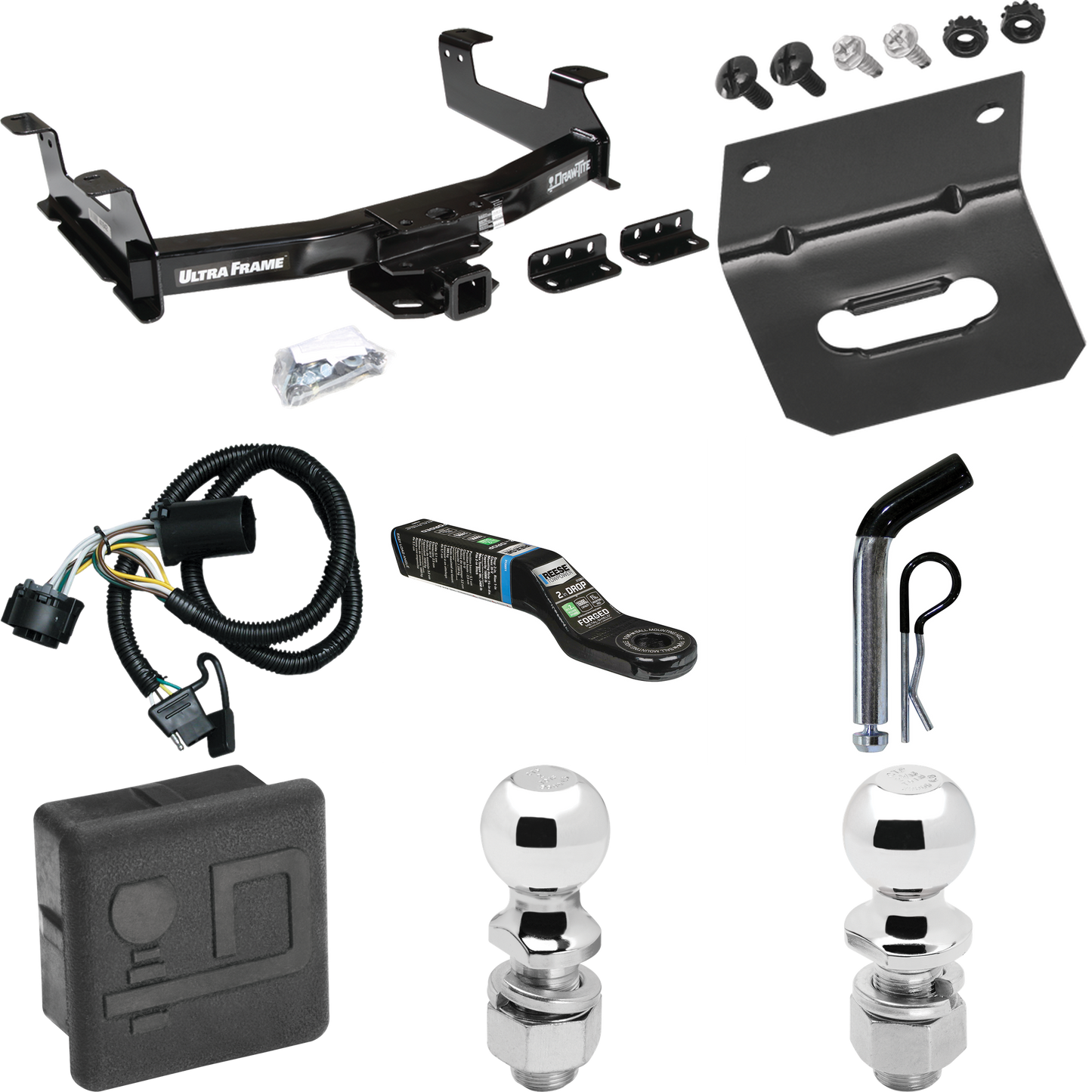 Fits 2011-2014 GMC Sierra 2500 HD Trailer Hitch Tow PKG w/ 4-Flat Wiring Harness + Ball Mount w/ 2" Drop + Pin/Clip + 2" Ball + 2-5/16" Ball + Hitch Cover + Wiring Bracket By Draw-Tite