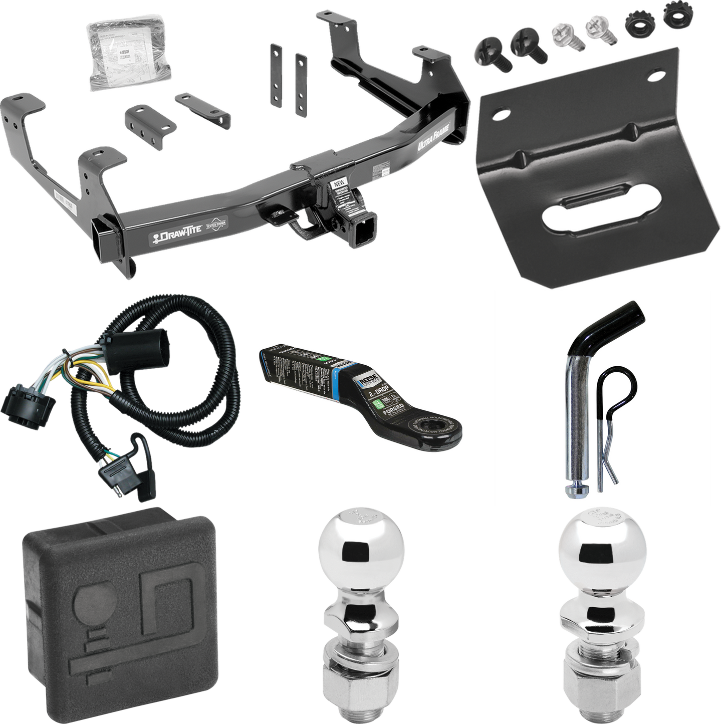 Fits 2015-2019 Chevrolet Silverado 2500 HD Trailer Hitch Tow PKG w/ 4-Flat Wiring Harness + Ball Mount w/ 2" Drop + Pin/Clip + 2" Ball + 2-5/16" Ball + Hitch Cover + Wiring Bracket By Draw-Tite