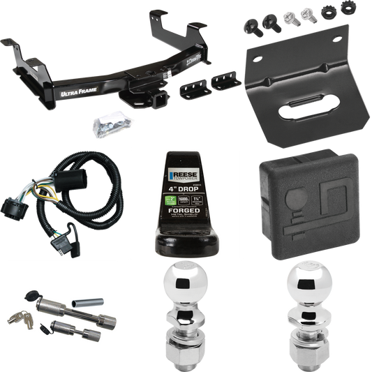 Fits 2011-2014 Chevrolet Silverado 3500 HD Trailer Hitch Tow PKG w/ 4-Flat Wiring Harness + Ball Mount w/ 4" Drop + Dual Hitch & Coupler Locks + 2" Ball + 2-5/16" Ball + Hitch Cover + Wiring Bracket By Draw-Tite