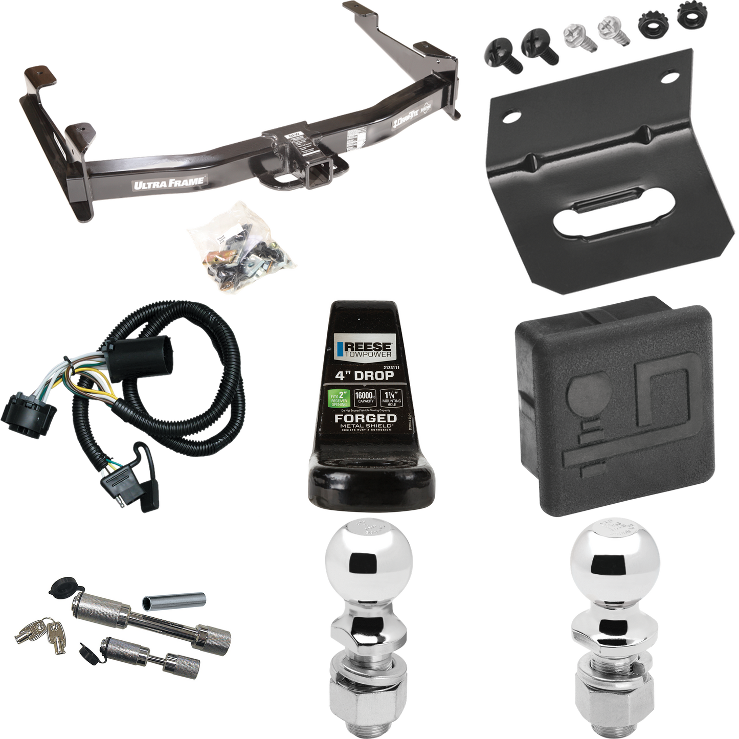 Fits 2007-2010 Chevrolet Silverado 2500 HD Trailer Hitch Tow PKG w/ 4-Flat Wiring Harness + Ball Mount w/ 4" Drop + Dual Hitch & Coupler Locks + 2" Ball + 2-5/16" Ball + Hitch Cover + Wiring Bracket By Draw-Tite