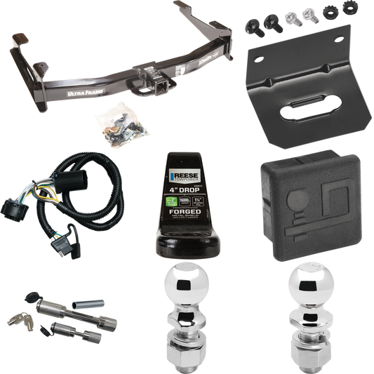 Fits 2007-2010 Chevrolet Silverado 2500 HD Trailer Hitch Tow PKG w/ 4-Flat Wiring Harness + Ball Mount w/ 4" Drop + Dual Hitch & Coupler Locks + 2" Ball + 2-5/16" Ball + Hitch Cover + Wiring Bracket By Draw-Tite