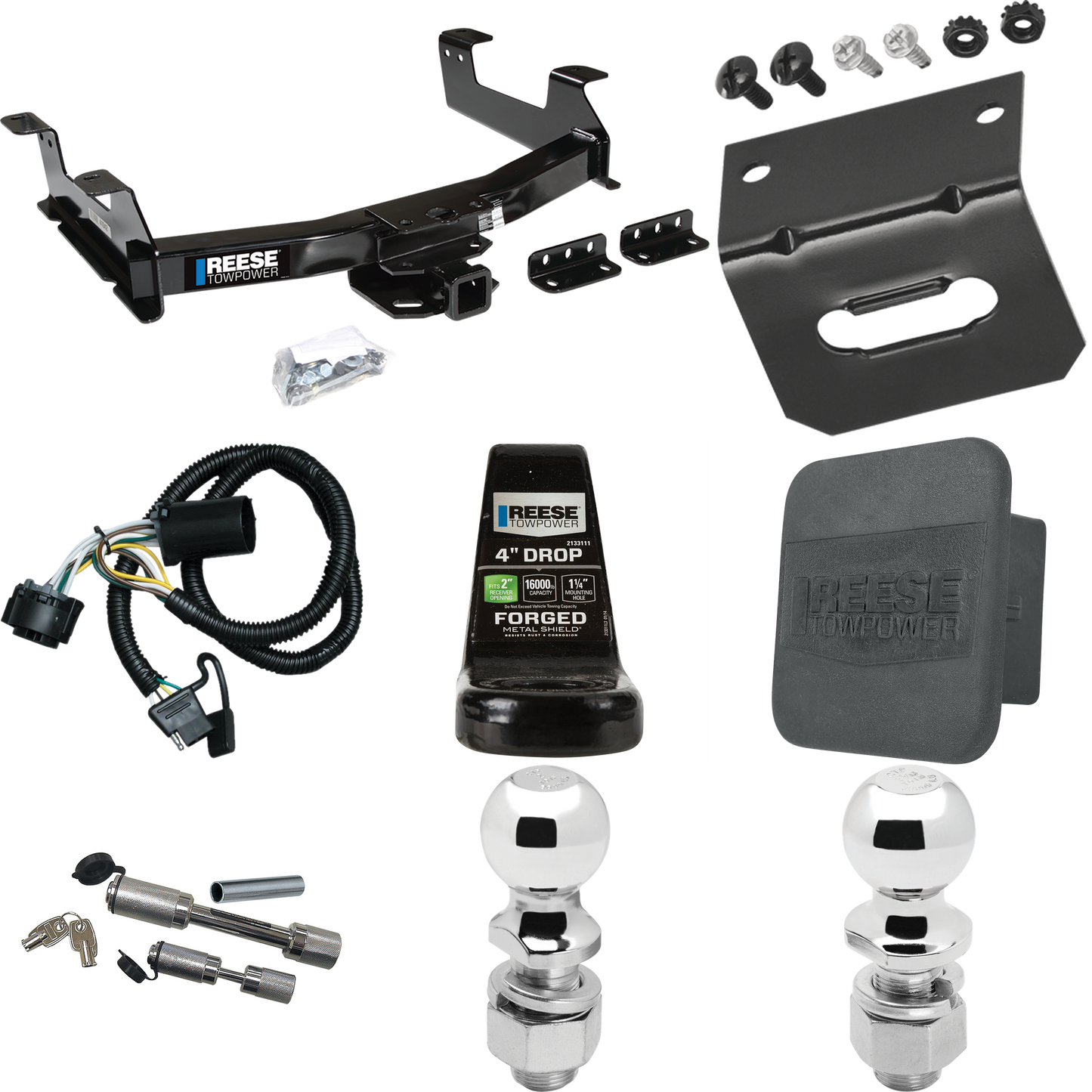 Fits 2011-2014 GMC Sierra 3500 HD Trailer Hitch Tow PKG w/ 4-Flat Wiring Harness + Ball Mount w/ 4" Drop + Dual Hitch & Coupler Locks + 2" Ball + 2-5/16" Ball + Hitch Cover + Wiring Bracket By Reese Towpower