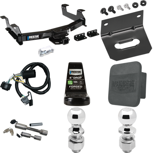 Fits 2011-2014 GMC Sierra 3500 HD Trailer Hitch Tow PKG w/ 4-Flat Wiring Harness + Ball Mount w/ 4" Drop + Dual Hitch & Coupler Locks + 2" Ball + 2-5/16" Ball + Hitch Cover + Wiring Bracket By Reese Towpower