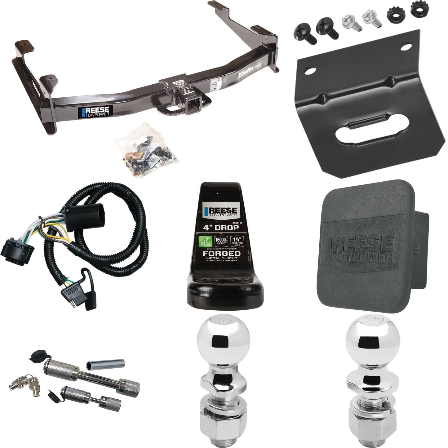 Fits 2007-2010 Chevrolet Silverado 2500 HD Trailer Hitch Tow PKG w/ 4-Flat Wiring Harness + Ball Mount w/ 4" Drop + Dual Hitch & Coupler Locks + 2" Ball + 2-5/16" Ball + Hitch Cover + Wiring Bracket By Reese Towpower