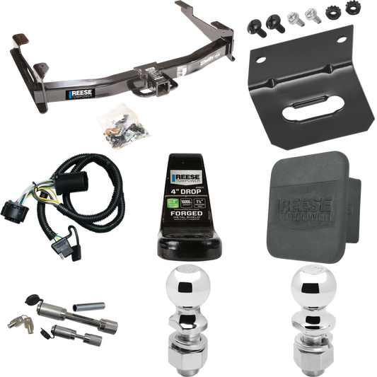 Fits 2007-2010 Chevrolet Silverado 2500 HD Trailer Hitch Tow PKG w/ 4-Flat Wiring Harness + Ball Mount w/ 4" Drop + Dual Hitch & Coupler Locks + 2" Ball + 2-5/16" Ball + Hitch Cover + Wiring Bracket By Reese Towpower