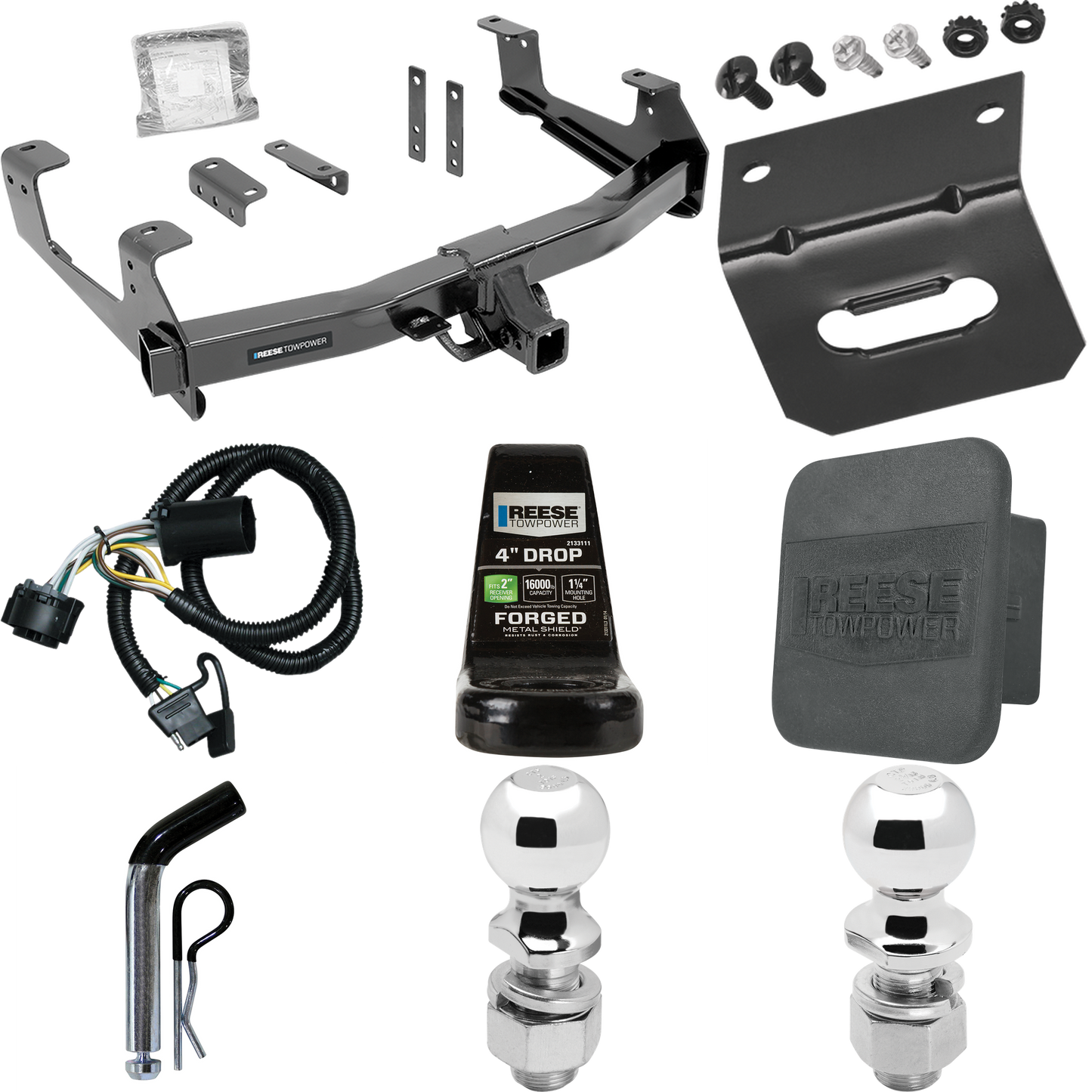 Fits 2015-2019 Chevrolet Silverado 3500 HD Trailer Hitch Tow PKG w/ 4-Flat Wiring Harness + Ball Mount w/ 4" Drop + Pin/Clip + 2" Ball + 2-5/16" Ball + Hitch Cover + Wiring Bracket By Reese Towpower