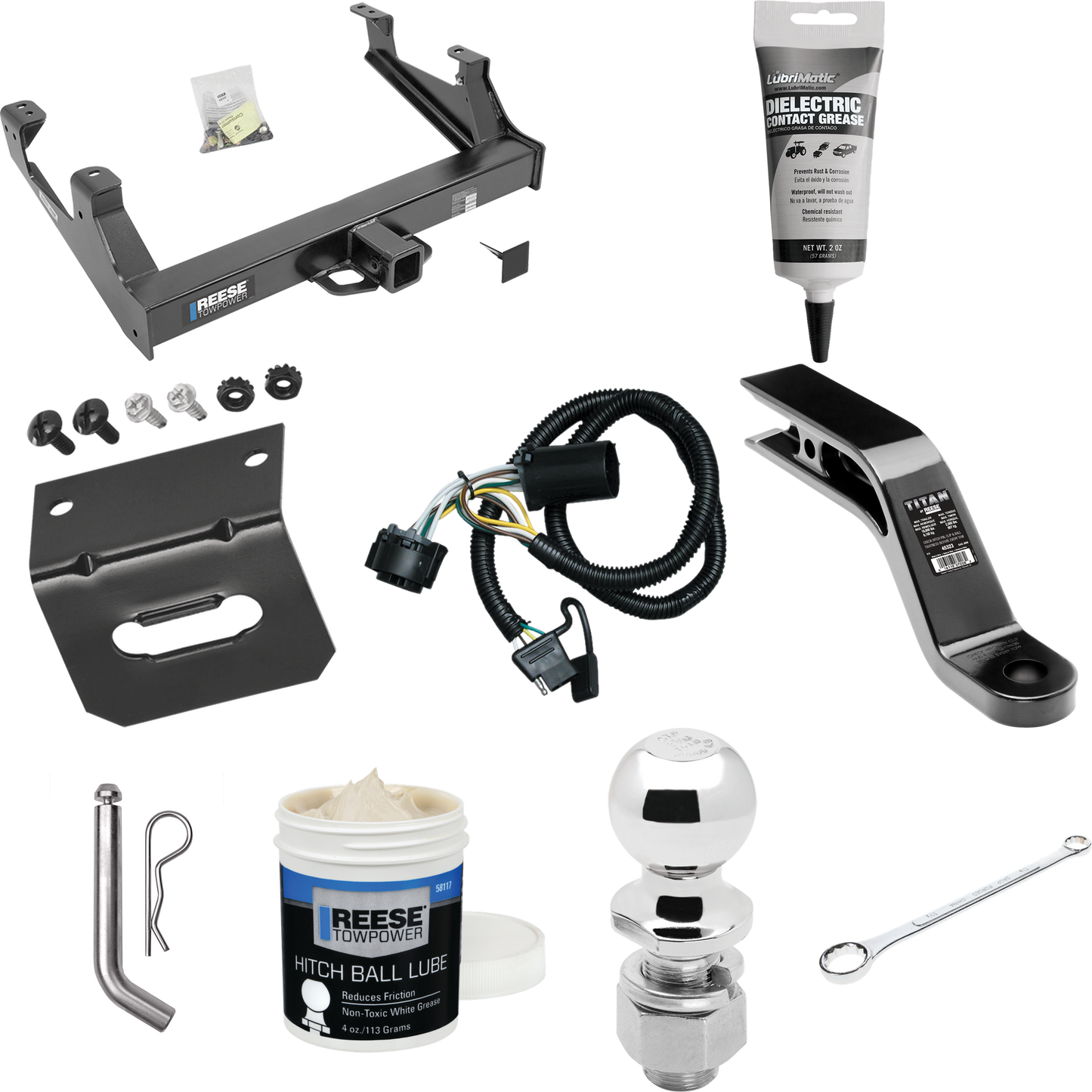 Fits 2015-2019 Chevrolet Silverado 2500 HD Trailer Hitch Tow PKG w/ 4-Flat Wiring Harness + Ball Mount w/ 5" Drop + Pin/Clip + 2-5/16" Ball + Wiring Bracket + Electric Grease + Ball Wrench + Ball Lube By Reese Towpower