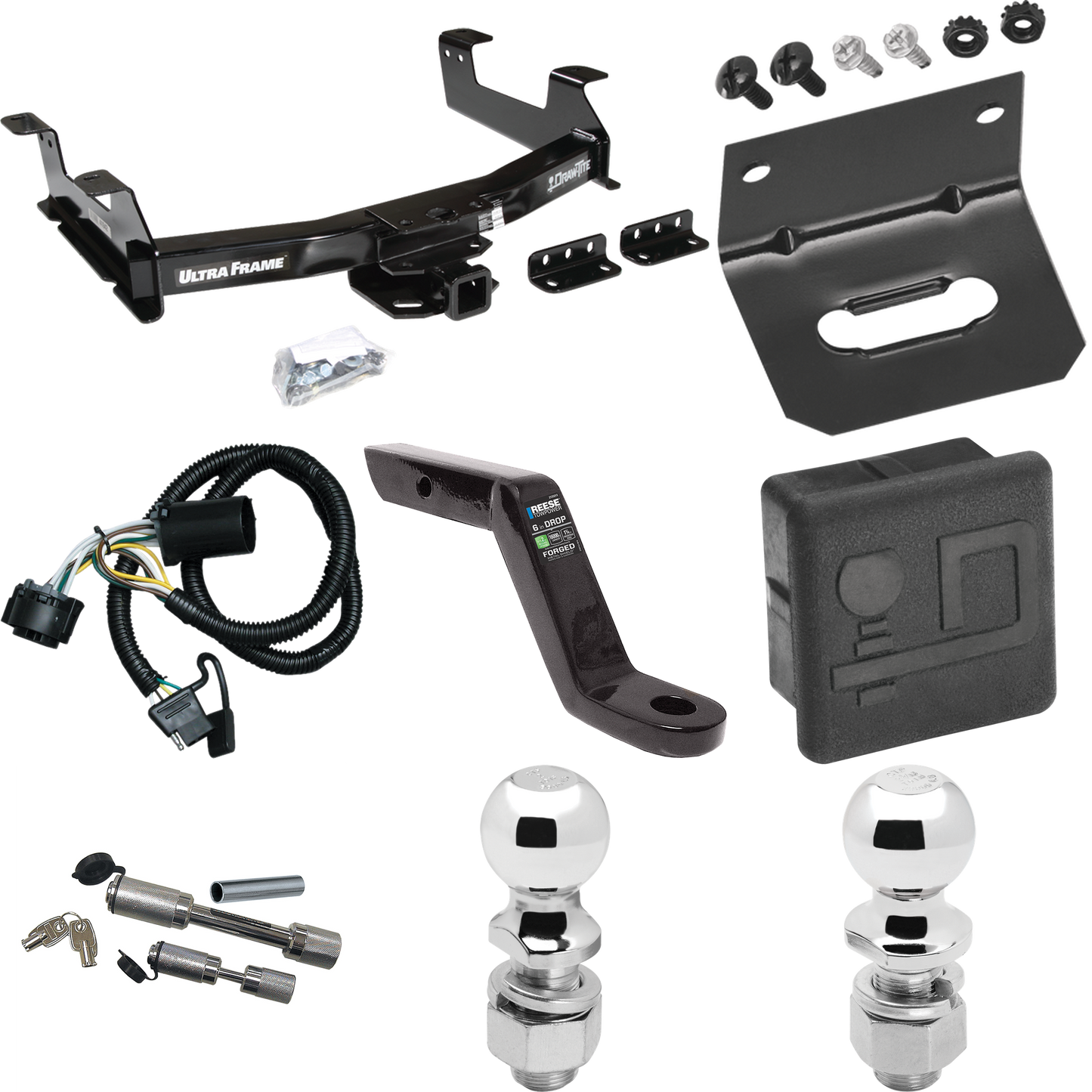 Fits 2011-2014 GMC Sierra 3500 HD Trailer Hitch Tow PKG w/ 4-Flat Wiring Harness + Ball Mount w/ 6" Drop + Dual Hitch & Coupler Locks + 2" Ball + 2-5/16" Ball + Hitch Cover + Wiring Bracket By Draw-Tite