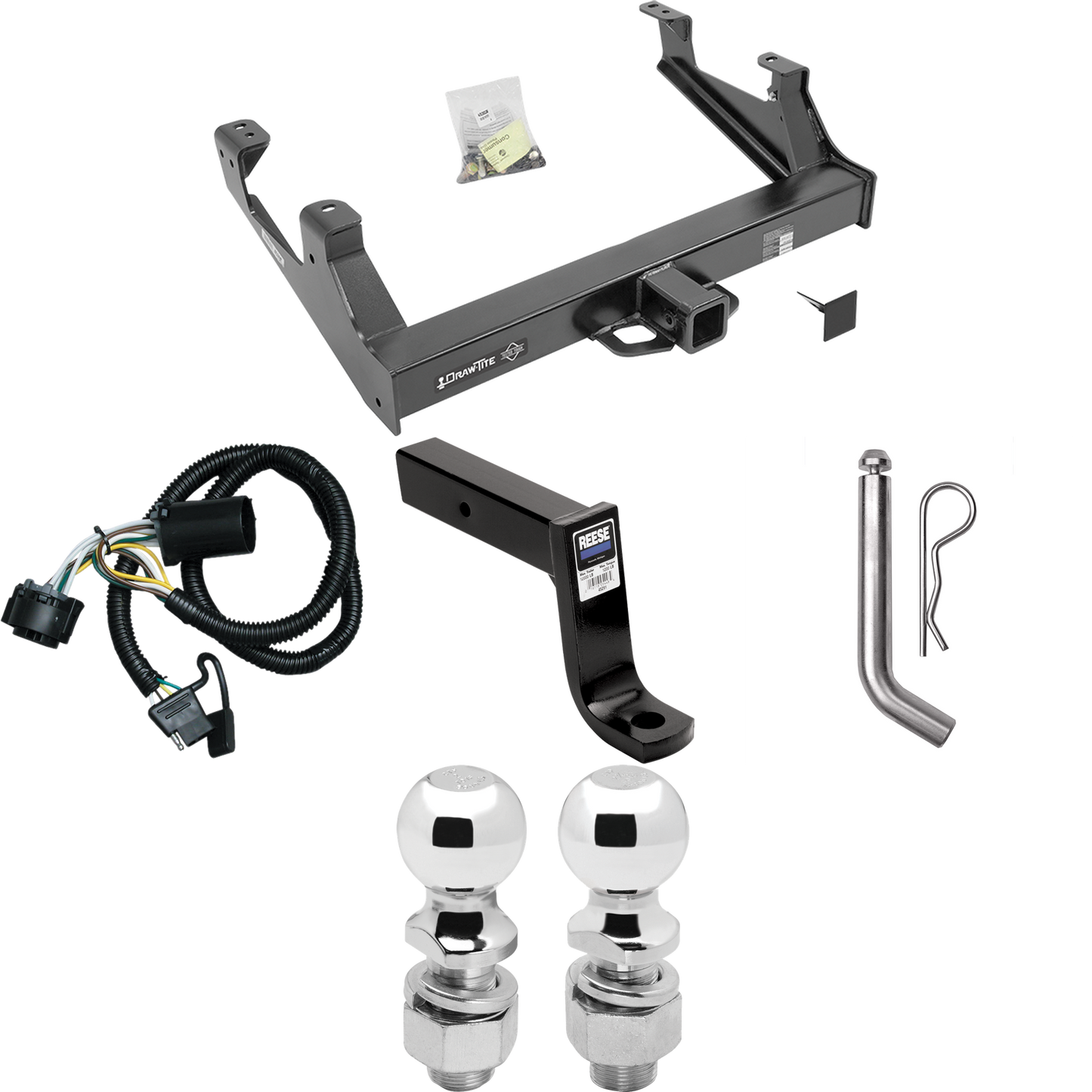 Fits 2015-2019 Chevrolet Silverado 2500 HD Trailer Hitch Tow PKG w/ 4-Flat Wiring Harness + Ball Mount w/ 7-3/4" Drop + Pin/Clip + 2" Ball + 2-5/16" Ball By Draw-Tite