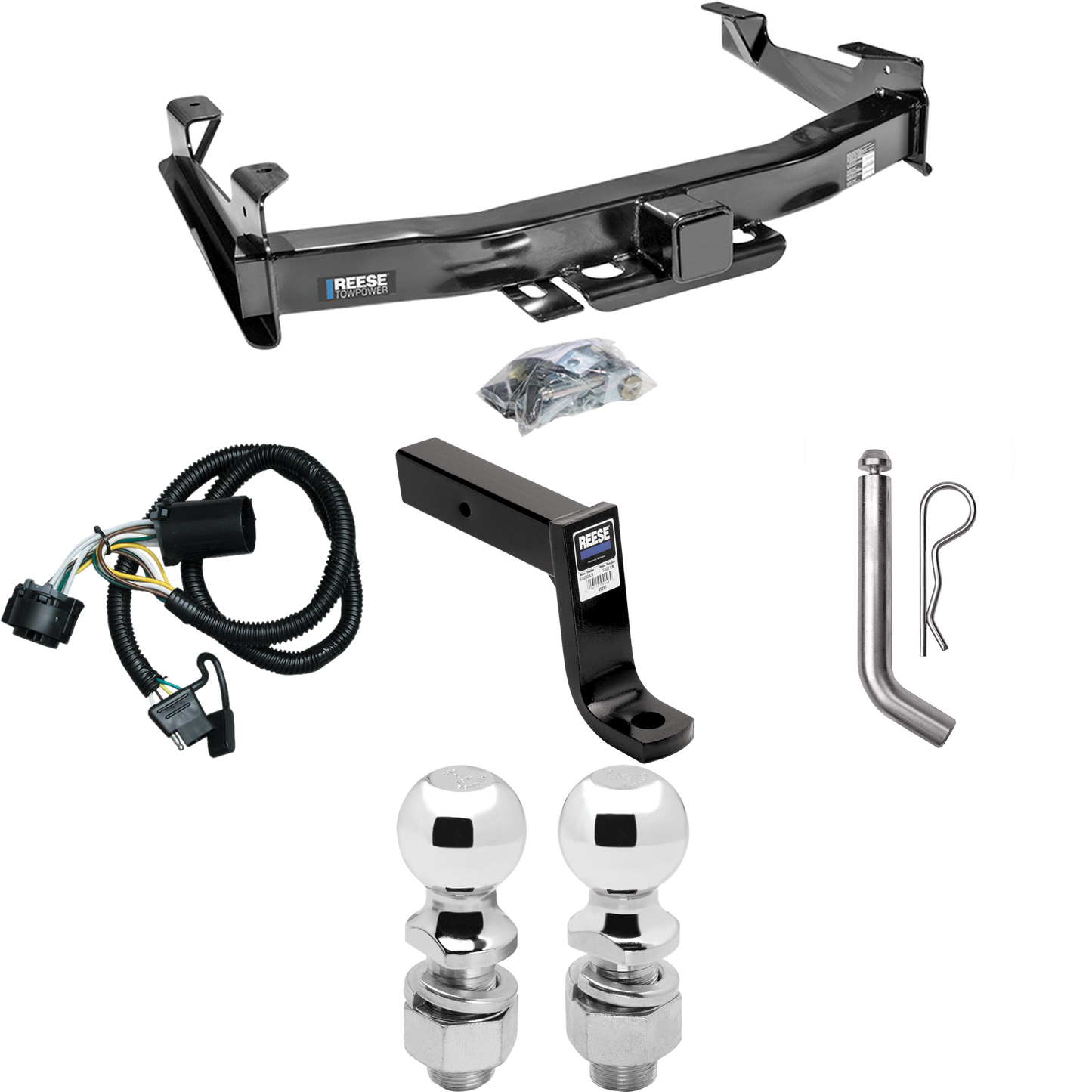 Fits 2007-2010 GMC Sierra 3500 HD Trailer Hitch Tow PKG w/ 4-Flat Wiring Harness + Ball Mount w/ 7-3/4" Drop + Pin/Clip + 2" Ball + 2-5/16" Ball By Reese Towpower