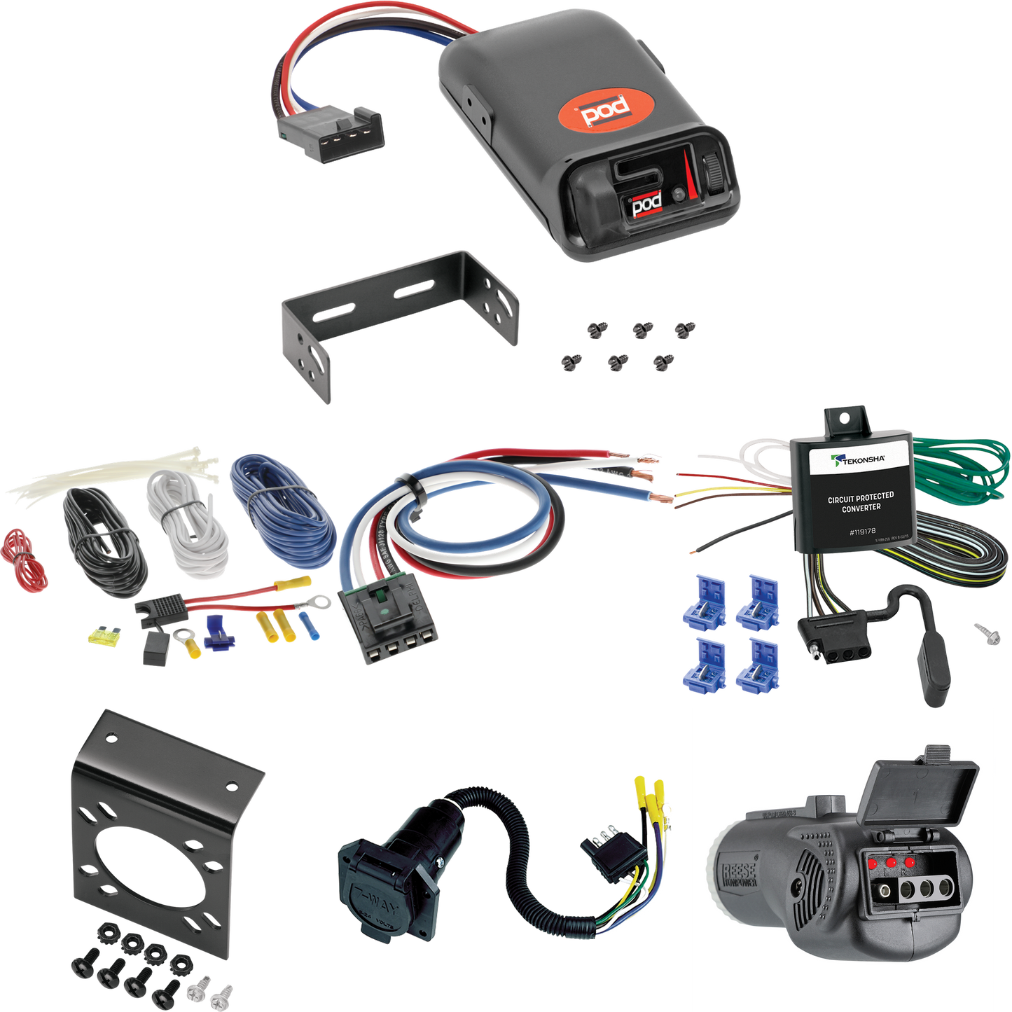 Fits 1999-2005 Pontiac Montana 7-Way RV Wiring + Pro Series POD Brake Control + Generic BC Wiring Adapter + 2 in 1 Tester & 7-Way to 4-Way Adapter By Tekonsha