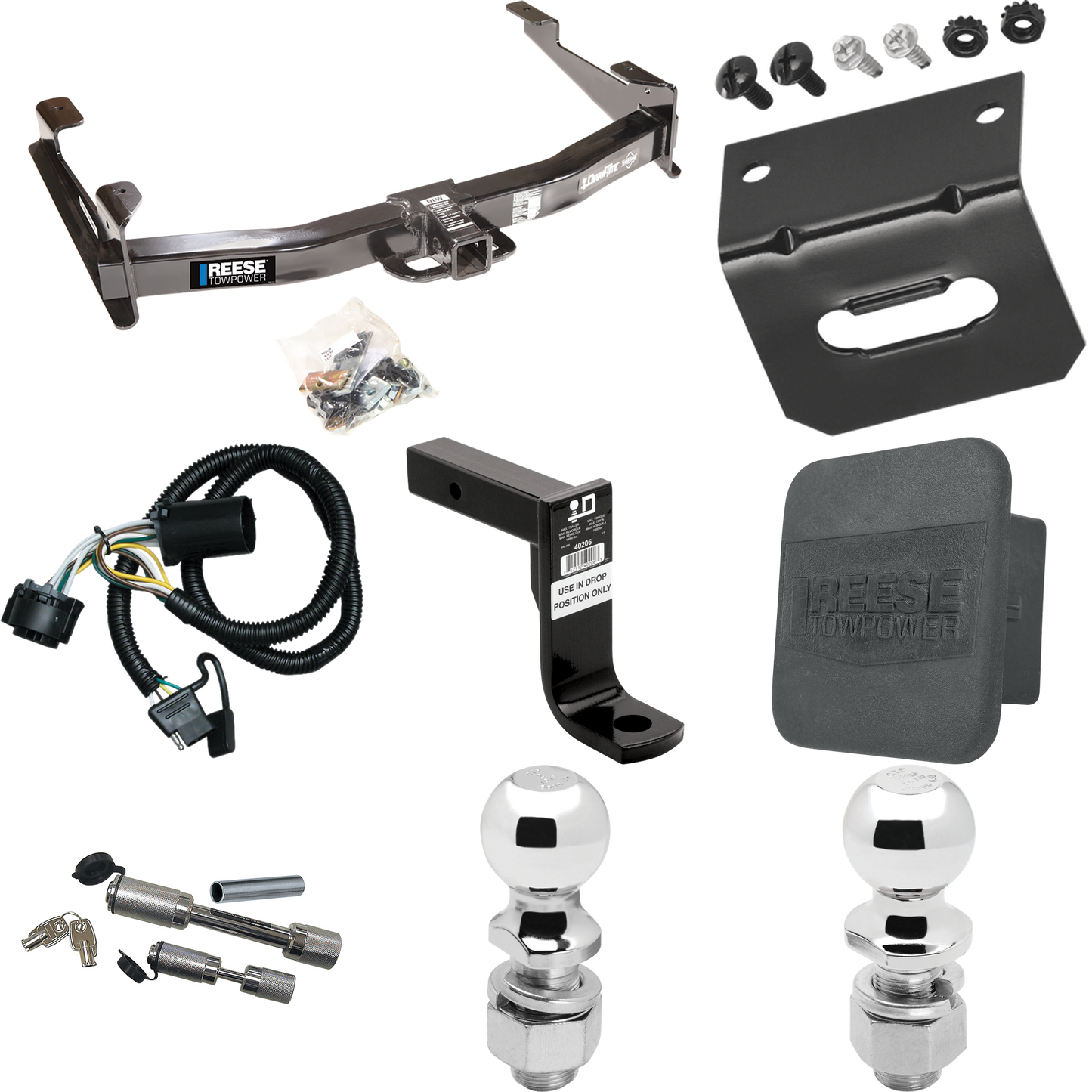 Fits 2007-2010 GMC Sierra 2500 HD Trailer Hitch Tow PKG w/ 4-Flat Wiring Harness + Ball Mount w/ 8" Drop + Dual Hitch & Coupler Locks + 2" Ball + 2-5/16" Ball + Hitch Cover + Wiring Bracket By Reese Towpower