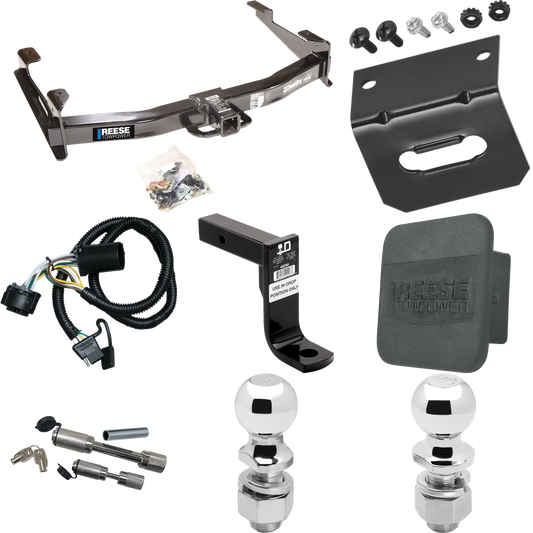 Fits 2007-2010 GMC Sierra 2500 HD Trailer Hitch Tow PKG w/ 4-Flat Wiring Harness + Ball Mount w/ 8" Drop + Dual Hitch & Coupler Locks + 2" Ball + 2-5/16" Ball + Hitch Cover + Wiring Bracket By Reese Towpower