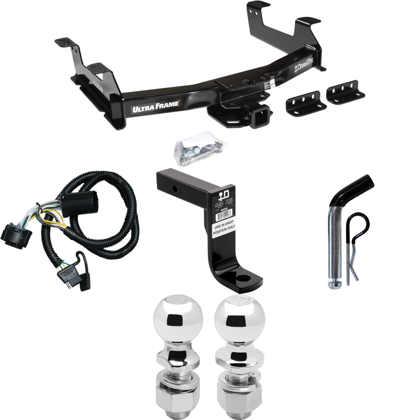 Fits 2011-2014 Chevrolet Silverado 2500 HD Trailer Hitch Tow PKG w/ 4-Flat Wiring Harness + Ball Mount w/ 8" Drop + Pin/Clip + 2" Ball + 2-5/16" Ball By Draw-Tite