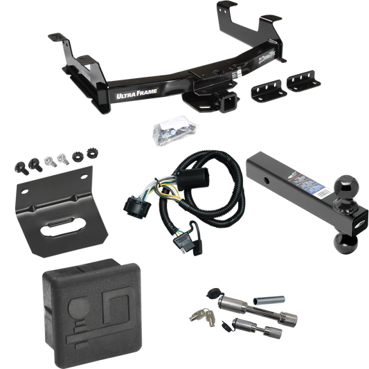 Fits 2011-2014 GMC Sierra 2500 HD Trailer Hitch Tow PKG w/ 4-Flat Wiring Harness + Dual Ball Ball Mount 2" & 2-5/16" Trailer Balls + Dual Hitch & Coupler Locks + Hitch Cover + Wiring Bracket By Draw-Tite