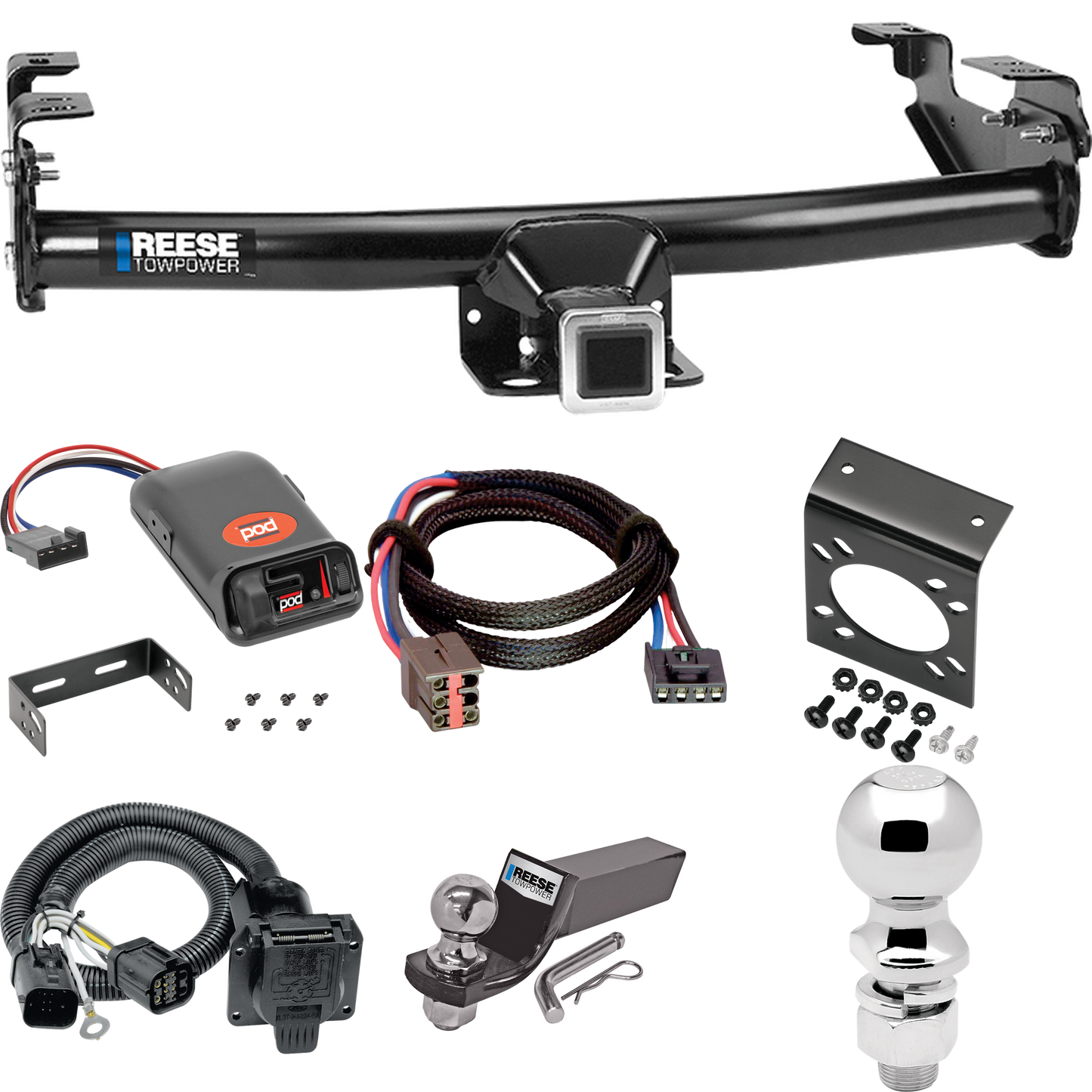 Fits 1997-1999 Ford F-250 Trailer Hitch Tow PKG w/ Pro Series POD Brake Control + Plug & Play BC Adapter + 7-Way RV Wiring + 2" & 2-5/16" Ball & Drop Mount (For Styleside Models) By Reese Towpower