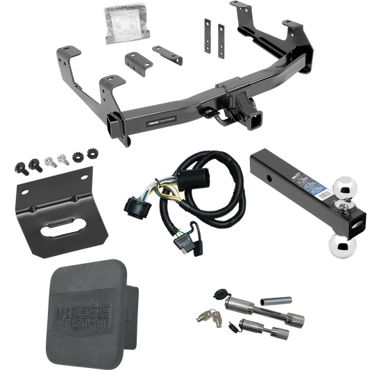 Fits 2015-2019 Chevrolet Silverado 3500 HD Trailer Hitch Tow PKG w/ 4-Flat Wiring Harness + Dual Ball Ball Mount 2" & 2-5/16" Trailer Balls + Dual Hitch & Coupler Locks + Hitch Cover + Wiring Bracket By Reese Towpower