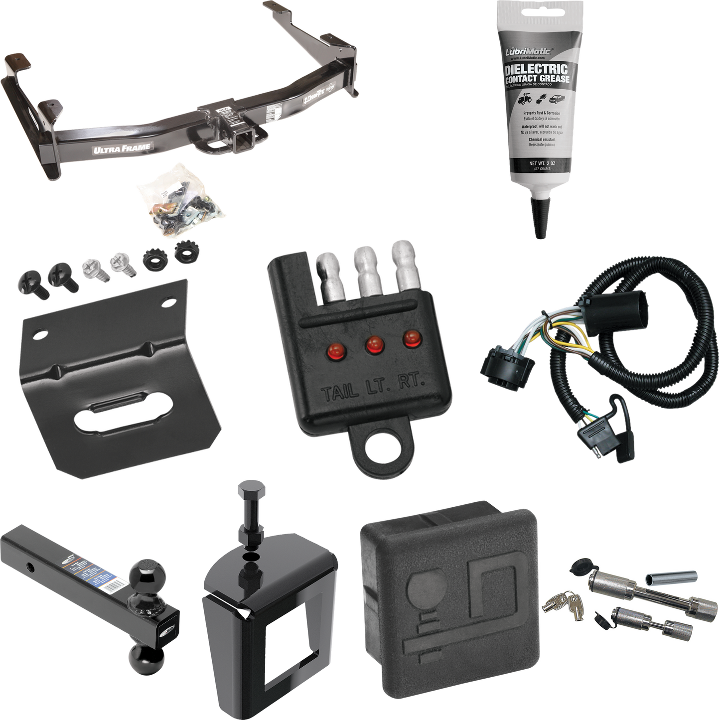 Fits 2007-2010 GMC Sierra 3500 HD Trailer Hitch Tow PKG w/ 4-Flat Wiring Harness + Dual Ball Ball Mount 2" & 2-5/16" Trailer Balls + Dual Hitch & Coupler Locks + Hitch Cover + Wiring Bracket + Wiring Tester + Electric Grease + Anti Rattle Device By D