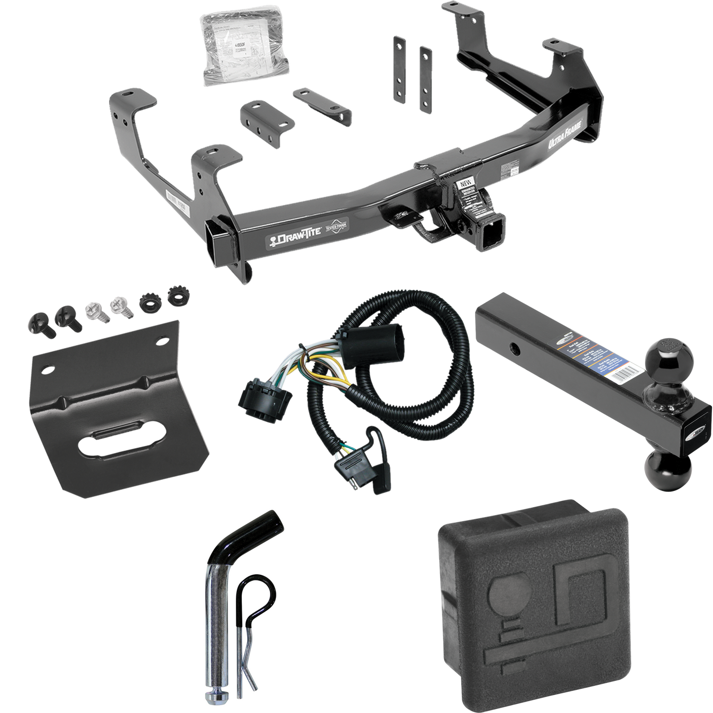 Fits 2015-2019 Chevrolet Silverado 2500 HD Trailer Hitch Tow PKG w/ 4-Flat Wiring Harness + Dual Ball Ball Mount 2" & 2-5/16" Trailer Balls + Pin/Clip + Hitch Cover + Wiring Bracket By Draw-Tite