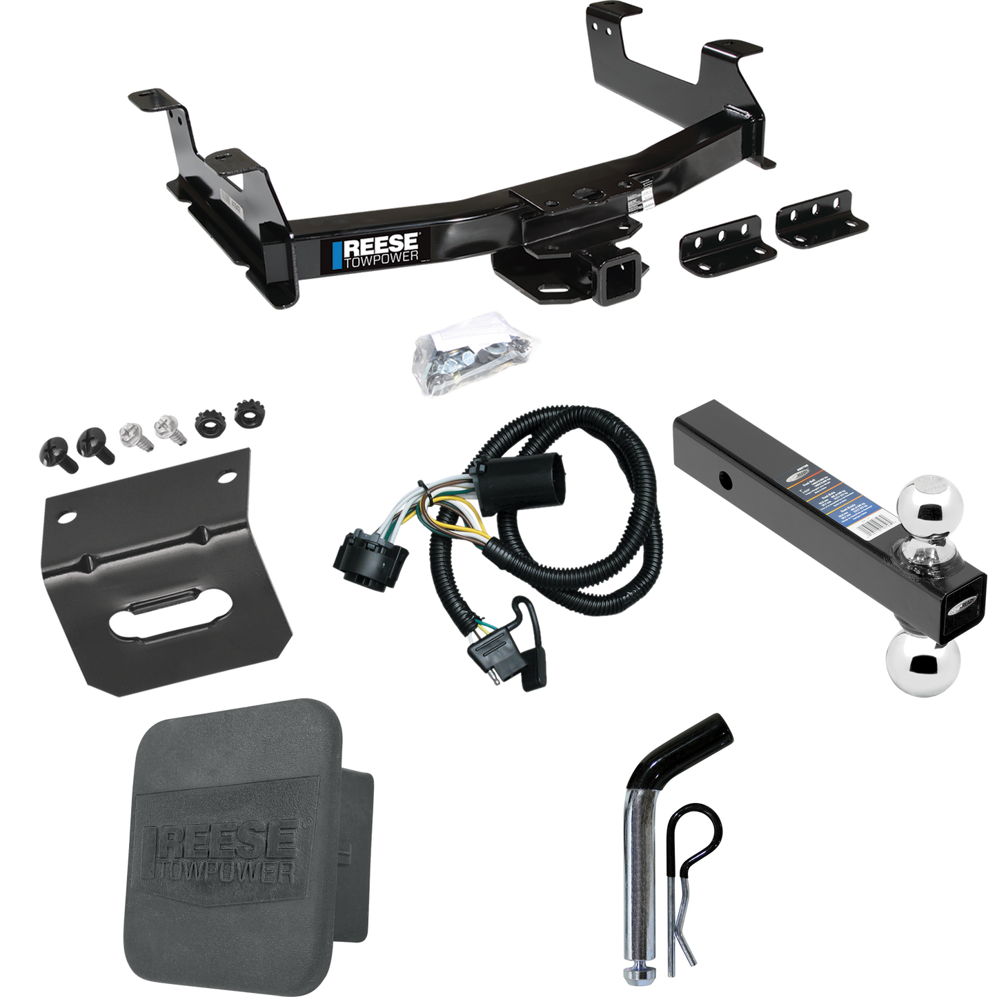 Fits 2011-2014 GMC Sierra 3500 HD Trailer Hitch Tow PKG w/ 4-Flat Wiring Harness + Dual Ball Ball Mount 2" & 2-5/16" Trailer Balls + Pin/Clip + Hitch Cover + Wiring Bracket By Reese Towpower