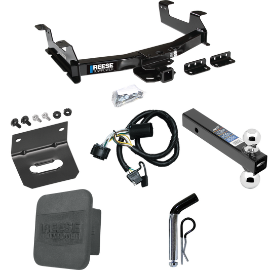 Fits 2011-2014 GMC Sierra 3500 HD Trailer Hitch Tow PKG w/ 4-Flat Wiring Harness + Dual Ball Ball Mount 2" & 2-5/16" Trailer Balls + Pin/Clip + Hitch Cover + Wiring Bracket By Reese Towpower