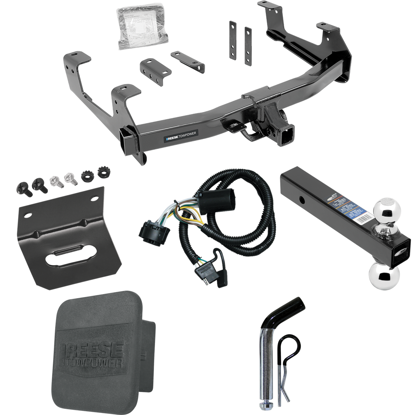 Fits 2015-2019 GMC Sierra 3500 HD Trailer Hitch Tow PKG w/ 4-Flat Wiring Harness + Dual Ball Ball Mount 2" & 2-5/16" Trailer Balls + Pin/Clip + Hitch Cover + Wiring Bracket By Reese Towpower