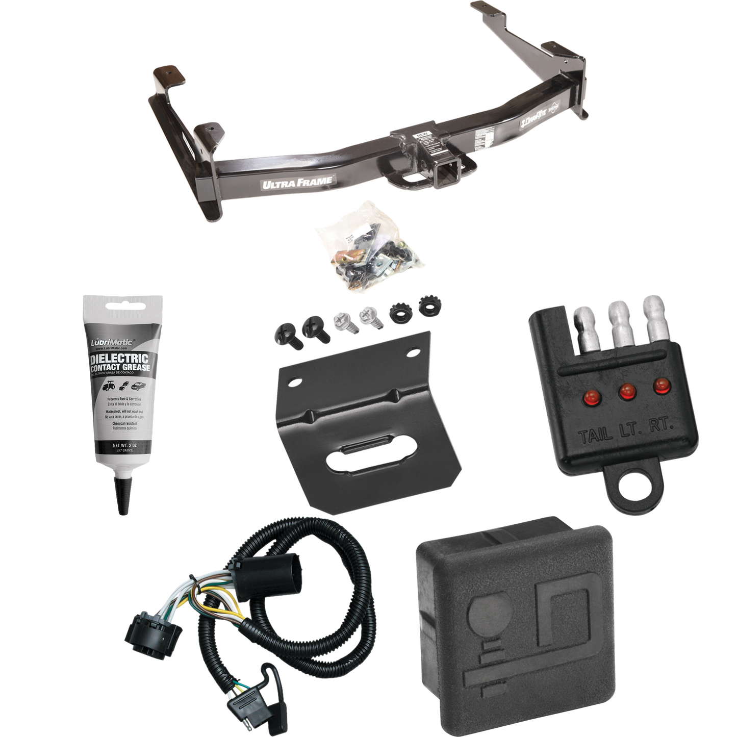 Se adapta al paquete de enganche de remolque Chevrolet Silverado 3500 HD 2007-2010 con arnés de cableado plano de 4 + cubierta de enganche + soporte de cableado + probador de cableado + grasa eléctrica de Draw-Tite