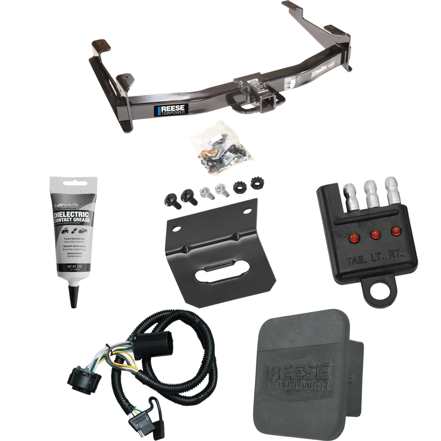 Fits 2007-2010 Chevrolet Silverado 3500 HD Trailer Hitch Tow PKG w/ 4-Flat Wiring Harness + Hitch Cover + Wiring Bracket + Wiring Tester + Electric Grease By Reese Towpower