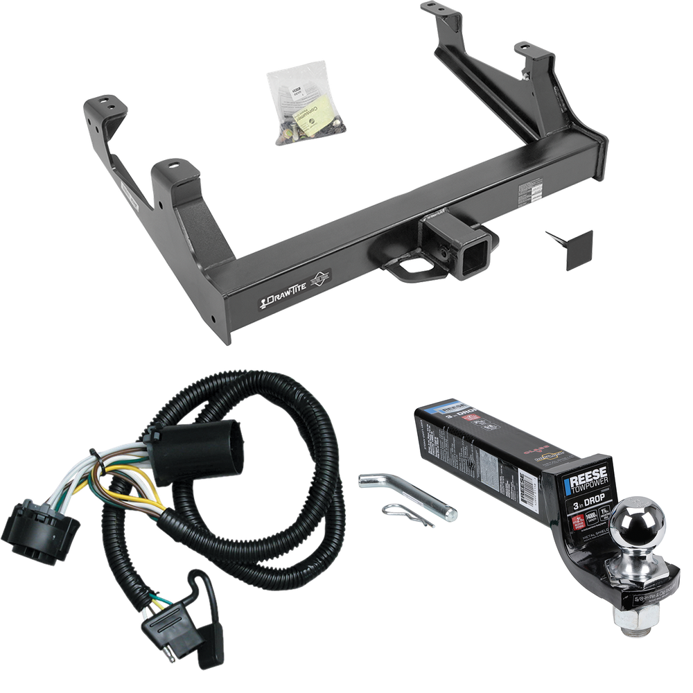 Fits 2015-2019 GMC Sierra 3500 HD Trailer Hitch Tow PKG w/ 4-Flat Wiring Harness + Interlock Ball Mount Starter Kit 3" Drop w/ 2" Ball By Draw-Tite