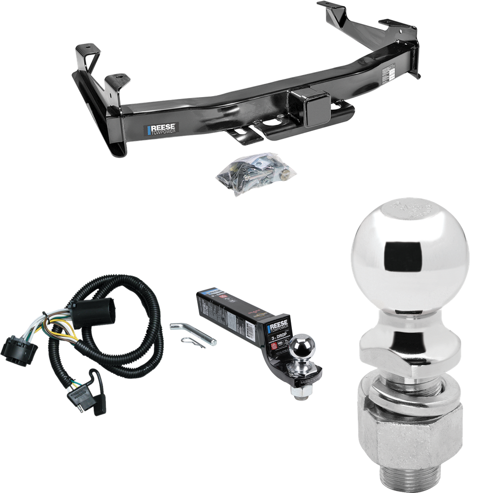 Fits 2007-2010 GMC Sierra 3500 HD Trailer Hitch Tow PKG w/ 4-Flat Wiring Harness + Interlock Ball Mount Starter Kit 3" Drop w/ 2" Ball + 2-5/16" Ball By Reese Towpower