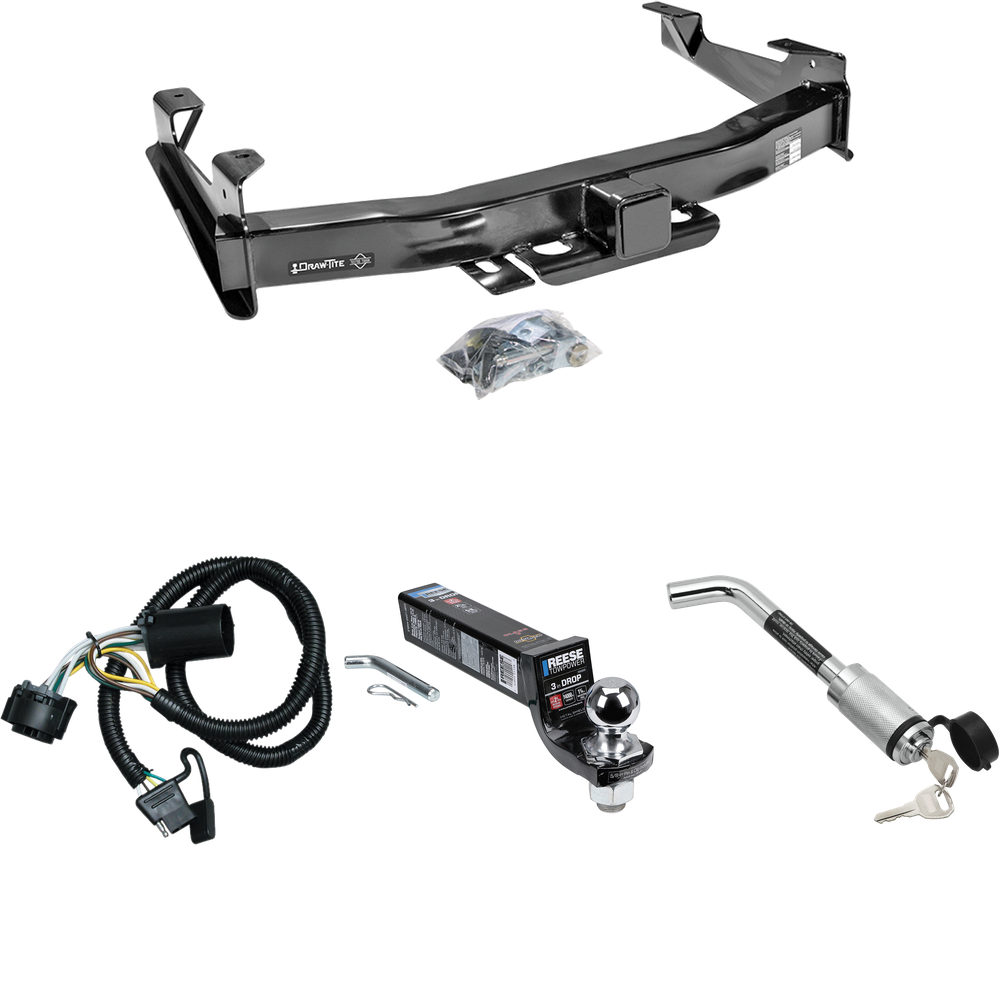 Fits 2007-2010 Chevrolet Silverado 3500 HD Trailer Hitch Tow PKG w/ 4-Flat Wiring Harness + Interlock Ball Mount Starter Kit 3" Drop w/ 2" Ball + Hitch Lock By Draw-Tite