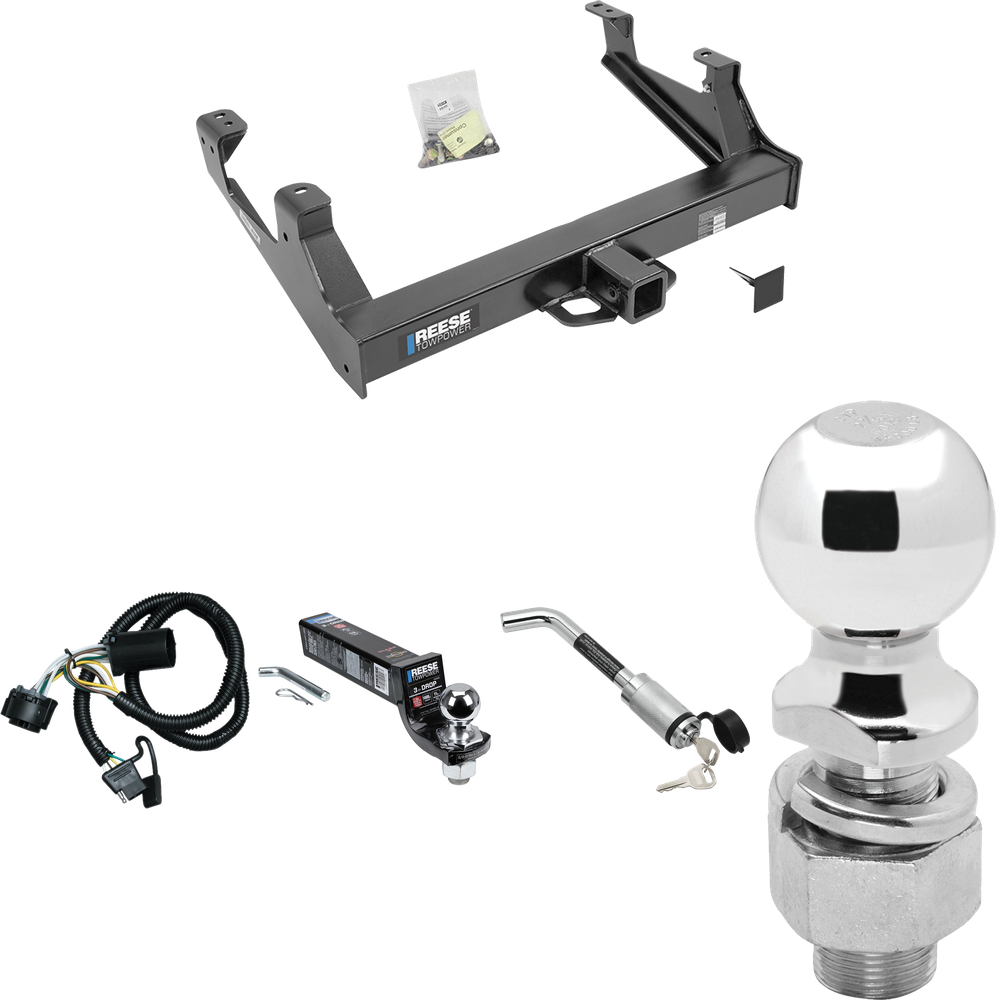 Fits 2015-2019 GMC Sierra 3500 HD Trailer Hitch Tow PKG w/ 4-Flat Wiring Harness + Interlock Ball Mount Starter Kit 3" Drop w/ 2" Ball + Hitch Lock + 2-5/16" Ball + Hitch Lock By Reese Towpower