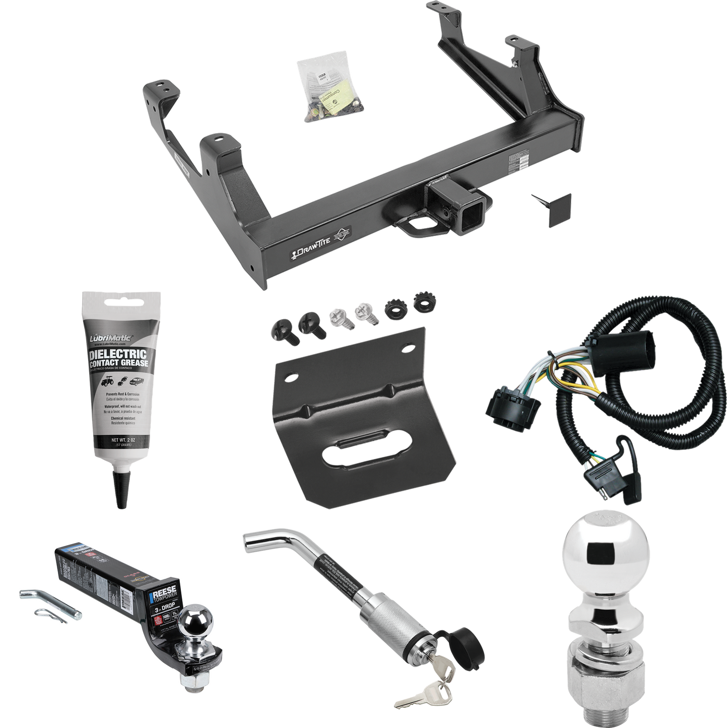 Fits 2015-2019 Chevrolet Silverado 2500 HD Trailer Hitch Tow PKG w/ 4-Flat Wiring Harness + Interlock Ball Mount Starter Kit 3" Drop w/ 2" Ball + Hitch Lock + 2-5/16" Ball + Hitch Lock + Wiring Bracket + Electric Grease By Draw-Tite