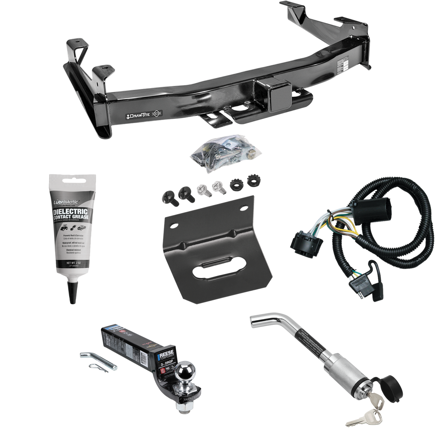 Fits 2007-2010 Chevrolet Silverado 3500 HD Trailer Hitch Tow PKG w/ 4-Flat Wiring Harness + Interlock Ball Mount Starter Kit 3" Drop w/ 2" Ball + Hitch Lock + Wiring Bracket + Electric Grease By Draw-Tite