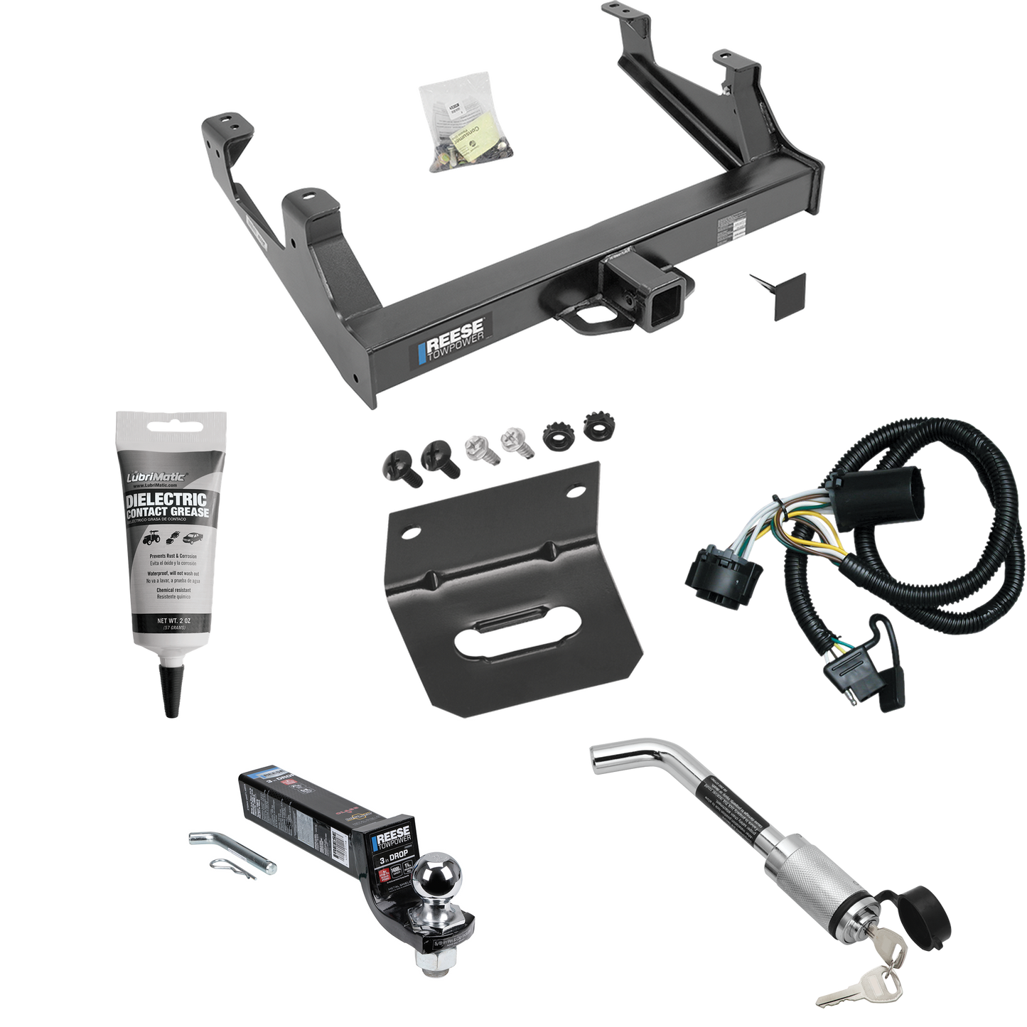 Fits 2015-2019 Chevrolet Silverado 3500 HD Trailer Hitch Tow PKG w/ 4-Flat Wiring Harness + Interlock Ball Mount Starter Kit 3" Drop w/ 2" Ball + Hitch Lock + Wiring Bracket + Electric Grease By Reese Towpower