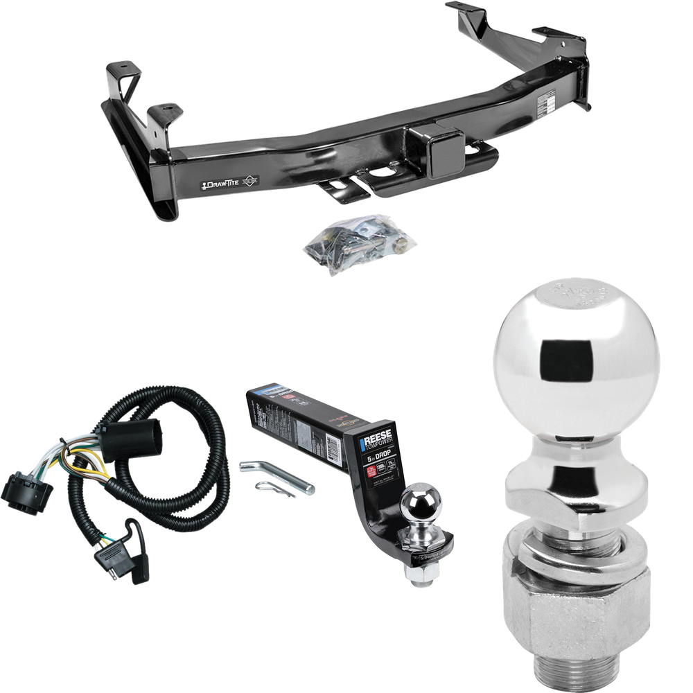 Fits 2007-2010 GMC Sierra 3500 HD Trailer Hitch Tow PKG w/ 4-Flat Wiring Harness + Interlock Ball Mount Starter Kit 5" Drop w/ 2" Ball + 2-5/16" Ball By Draw-Tite